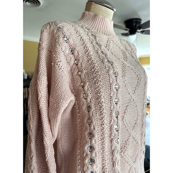 VTG 1980 Blush Ballet Pink Pearl Rhinestone Embellished Cotton Cableknit Sweater - Picture 12 of 12